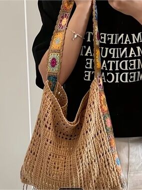 Tan Crochet Shoulder Bag with Colorful Strap